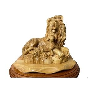 Handmade Olive Wood Lion Lamb Master Figure statue Carved Decor